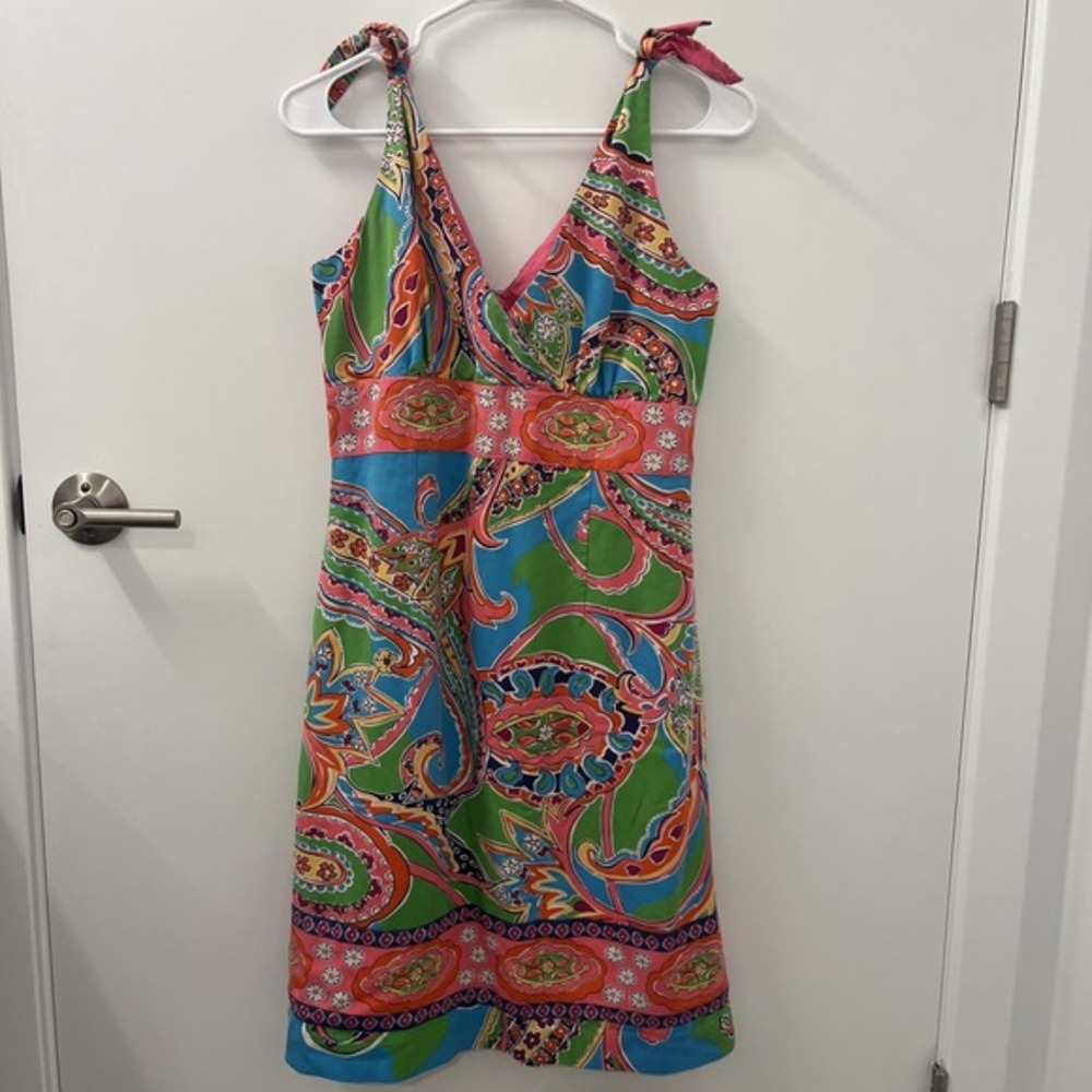 Vtg LILLY PULITZER Rylan Silk Fit & Flare Dress Jewel Of‎ The Pool Shoulder Ties